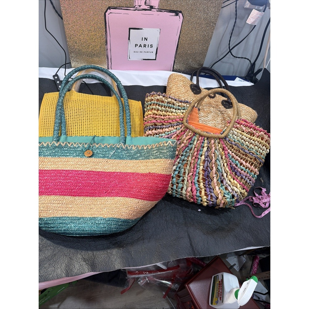 Lot Of 4 Raffia Weaved Hand Shoulder Tote Purse Red Yellow Red Pink Beach Vac